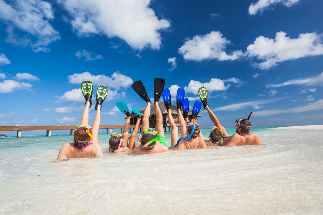 happy watersport people tropical island beach